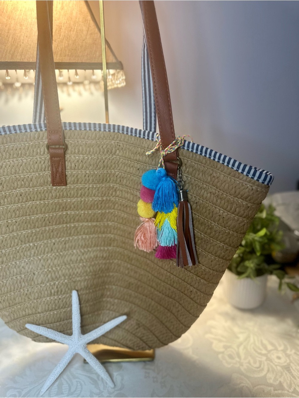 Straw Tote Bag with Colorful Tassel Charm